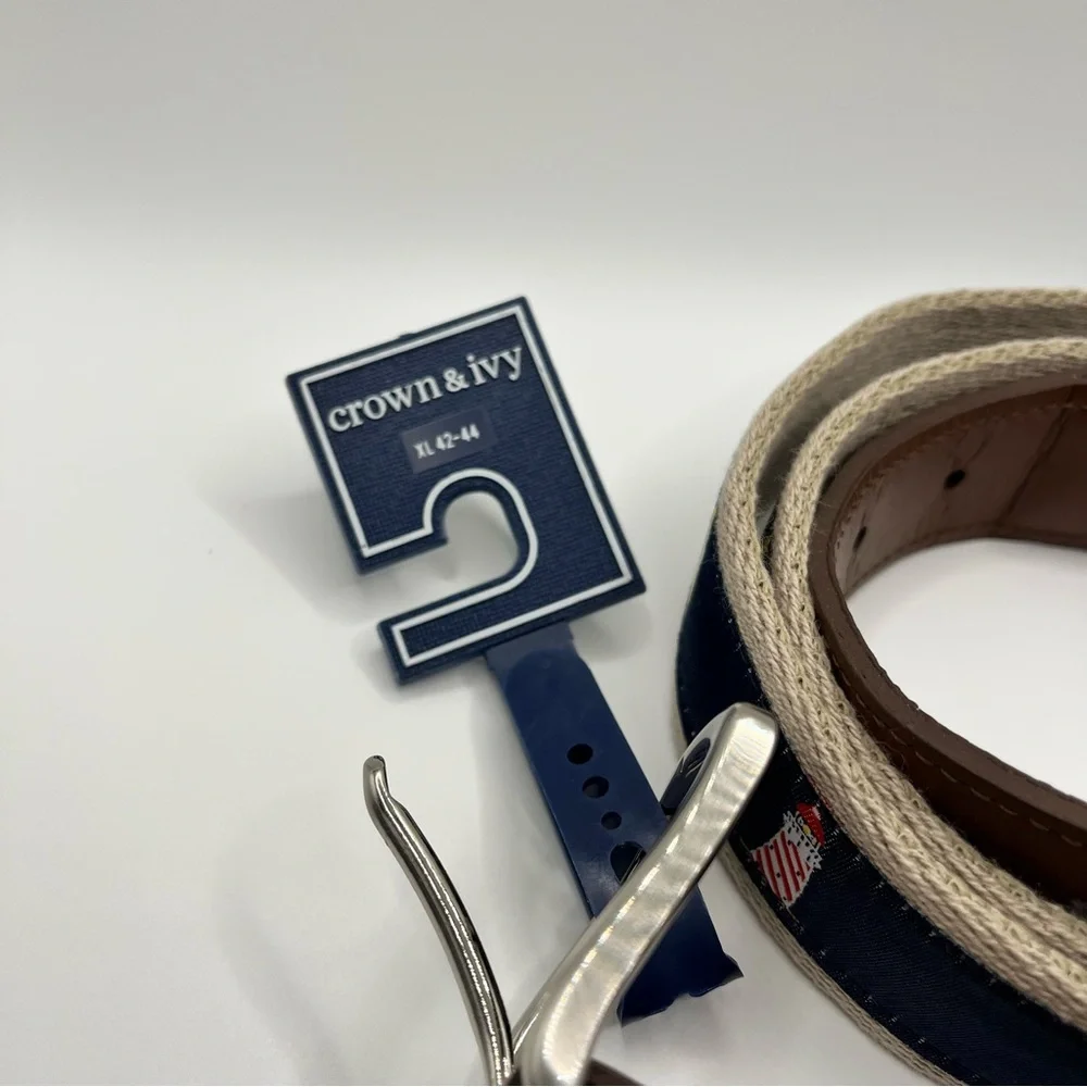 NEW Crown &‎ Ivy JAAK Khaki Canvas Belt Navy Lighthouse Embroidery XL NWT 42-44